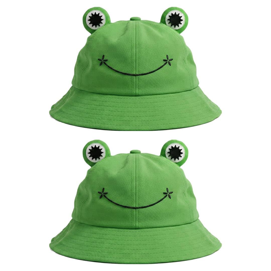 Adults Green Frog Hat - Pack of 2 - Bright Green Bucket Hat with Cute Frog Face Design - Mens Womens Ladies Music Tour Festival Stylish Together Fancy Dress Costume Accessory