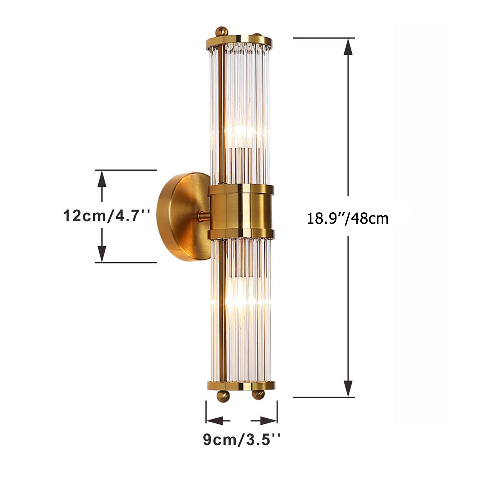 Messing Gold Kristall Wandleuchte,Kristallglas Licht & Gold Sockel Wandlampe,Wandleuchte Innen für Wohnzimmer,Badezimmer (2-flammig)