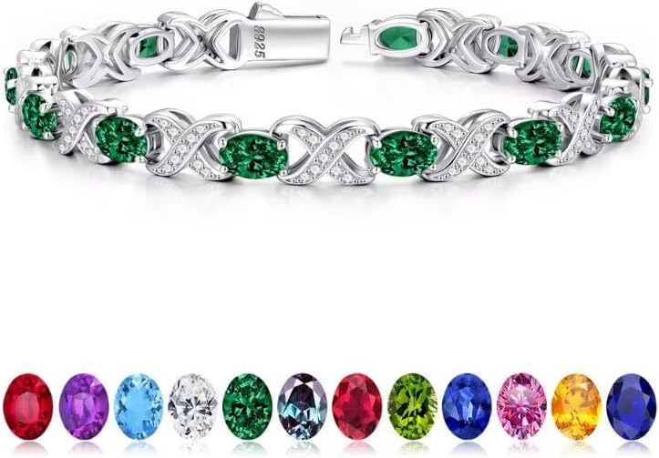Iefil Tennis Bracelets for Women, Oval Birthstone Tennis Bracelets for Women Wife Unique X O Design Fine Jewelry Anniversary Birthday Gift 925 Sterling Silver Birthstone Jewelry for Mom Girlfriend