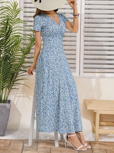Image of HUHOT Women's Short Sleeve Wrap V Neck Dresses for Wedding Guest Summer Floral Maxi Sundresses with Pockets Boho Dress