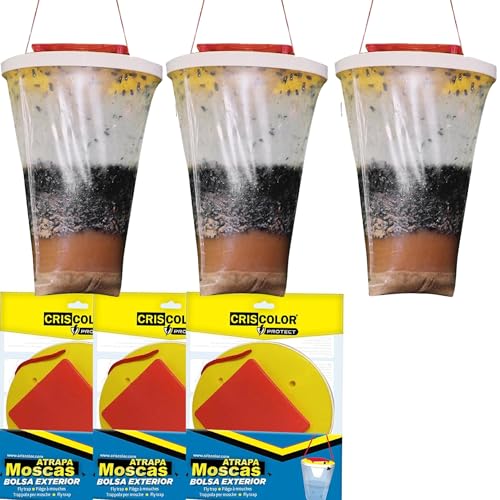IAMI Pack 3 Bolsas Atrapa Moscas Desechable para Exteriores – con Cebo Atrayente, Tapa y Asa para Colgar – Trampa Ecológica para Moscas y Otros Insectos Voladores