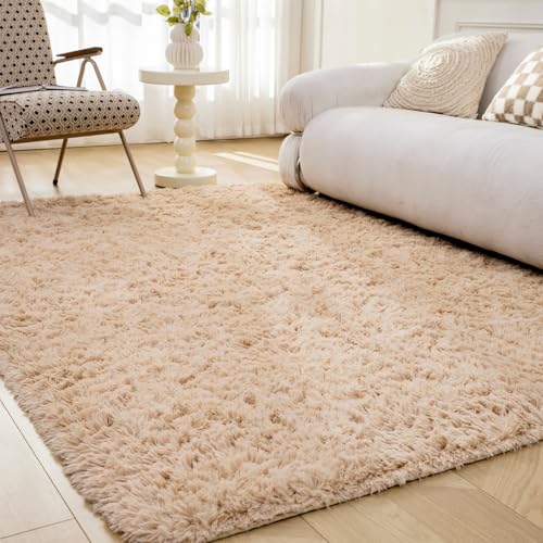 OMERAI Living Room Rugs Anti Slip Rug Fluffy Faux Fur Rug Bedroom Velvet Carpet Plush Shaggy Area Rug Modern Floor Mat for Home Decor (Beige,90x150cm)