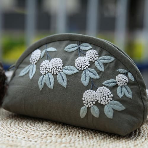 Image of FONNUY Embroidery Kit Makeup Bag for Beginners, Flowers Pre-Stamped Pattern Handbag Coin Purses Making Kits for Adults with Hoop, Easy to Follow Color Thread Needlework (Grey)