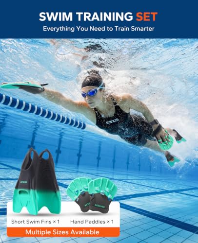 HAPBEAR Swim Fins with Hand Paddles for Kids, Youth & Adults – Adjustable Short Blade Swim Training Fins, Swimming Flippers Set for Lap Swimming, Technique, Strength & Endurance Training — view 2