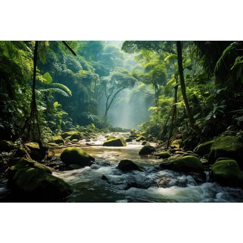Image of Jungle Rainforest Aquarium Background Tranquil Stream Meanders Fish Tank Background Vibrant Foliage Dense Green Forest Reptile Tank Backgrounds Foggy Misty Trees Reptile Enclosure Backgrounds 72x18in