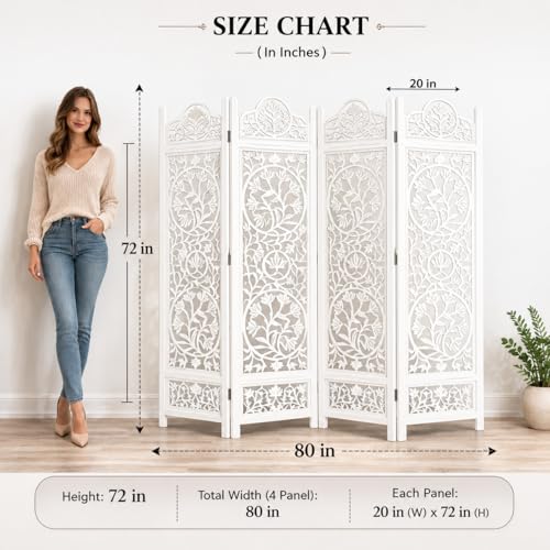 Image of Wooden Room Divider Decorative Foldable Privacy Screen Hand Carved Partition for Living Room Bedroom Office Decor (6 Feet 4 Panel White Each Panel Size 72X20 Inch)