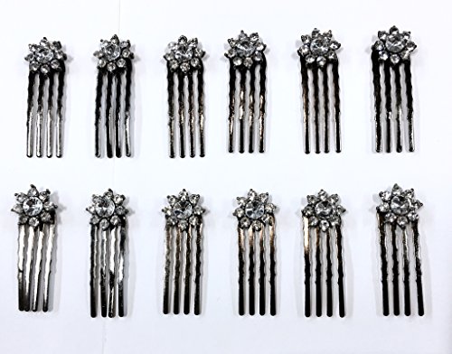 12 Pieces Clear Rhinestone With Dark Grey Color Metal Mini Comb C-10