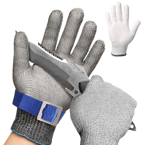 Guantes Anticorte nivel 9, Guante Carnicero Malla Acero, Guantes de Trabajo de Malla de Alambre de Acero Inoxidable + Guante Interior, para Corte de Carne, Corte de Madera