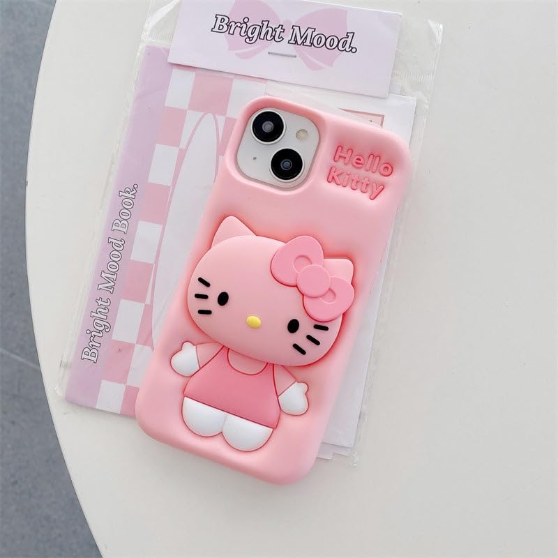 Image of COVERLY for iPhone 17 3D Cartoon Pink Kitty Case,Full Protective Bow Cat Girly Pop Doll Back Case with Holder Cute Soft Silicone Stylish Fashion Aesthetic Cover for Apple iPhone 17
