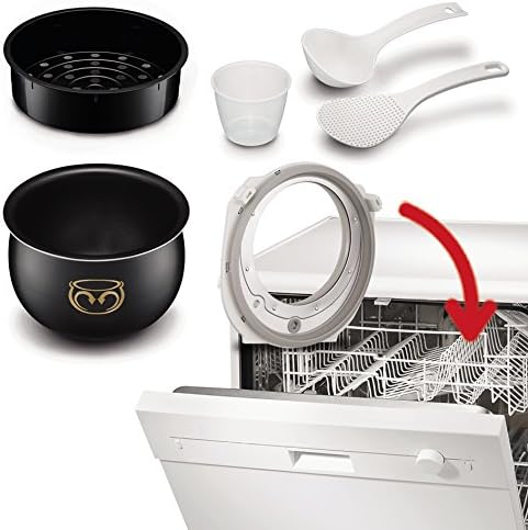 Moulinex Multicooker removable parts including spherical pot, steam basket, spoons, measuring cup, and a dishwasher rack