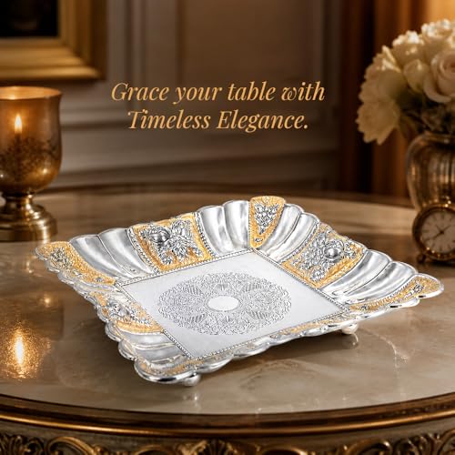 Image of Diviniti German Silver Decorative Tray for Home Decor | Square Floral Embossed Platter | Luxury Center Table Accent for Living Room & Dining Decor | Premium Decorative Gift with Box