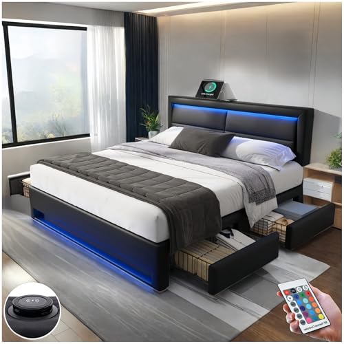 Lubvtti Cama Acolchada con LED y Puerto USB y Carga inalámbrica, Cama Individual 140x200 cm con 4 cajones,Cama Doble con Almacenamiento,Estructura de Cama con cabeceros y somier de láminas,PU,Negro