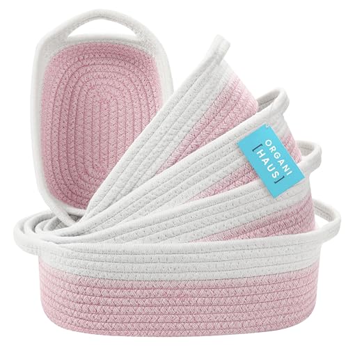 Image of OrganiHaus Set of 5 Rectangle Storage Baskets for Organizing, Small Woven Baskets for Storage Basket for Bathroom, Nursery Storage Basket for Baby Nursery Organization, Small Organizer Bins Pink/White