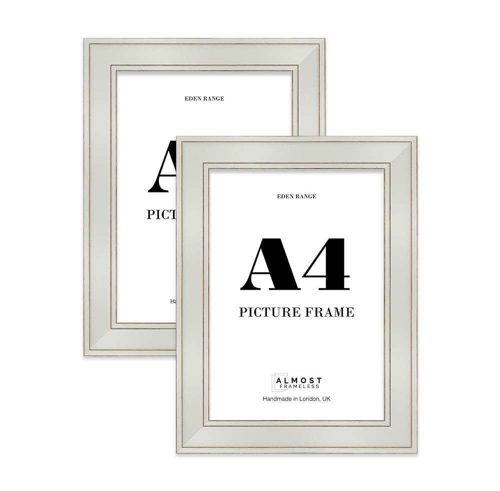 A4 Light Grey Picture Frame - Shabby Chic Photo Frame with Distressed Finish, Gold Trim, Wall Hooks and Kickstand, 37mm Edge - 2 Pack