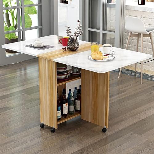 Mesa de comedor plegable con 6 ruedas y 2 estantes abiertos, diseño de hoja caída, ahorro de espacio, extensible para trabajo, estudio y comedor, elegante acabado de madera y blanco
