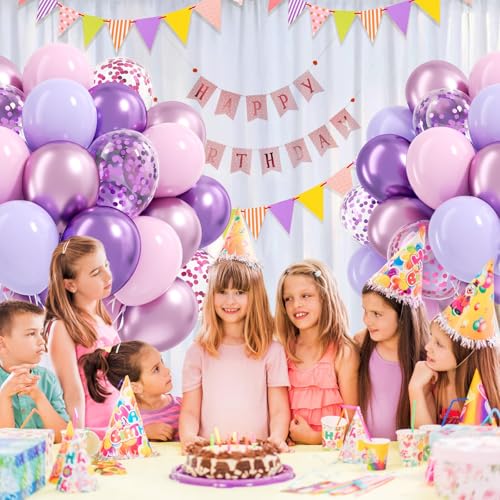 Image of 61pcs Pink and Purple Balloons, 12 Inch Purple Pink Confetti Latex Balloons, Metallic Balloon for Bridal Baby Shower Wedding Women Birthday Party Decorations