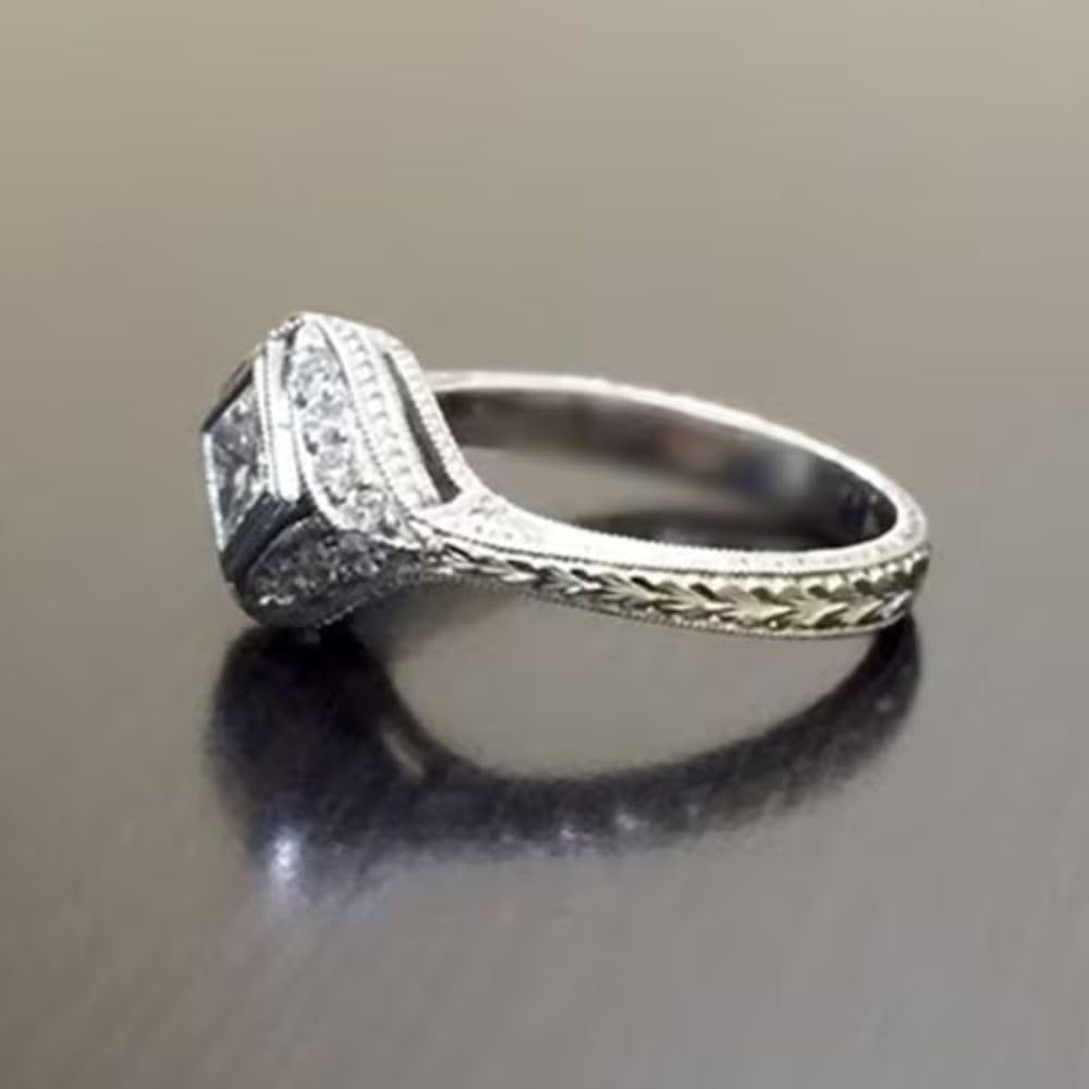1 Ct Princess Cut Diamond Bezel Set Edwardian Art Deco Unique Design Retro Vintage Style Estate Ring For Women 14K White Gold Plated Antique Ring Solid 925 Sterling Silver Valentine Jewelry