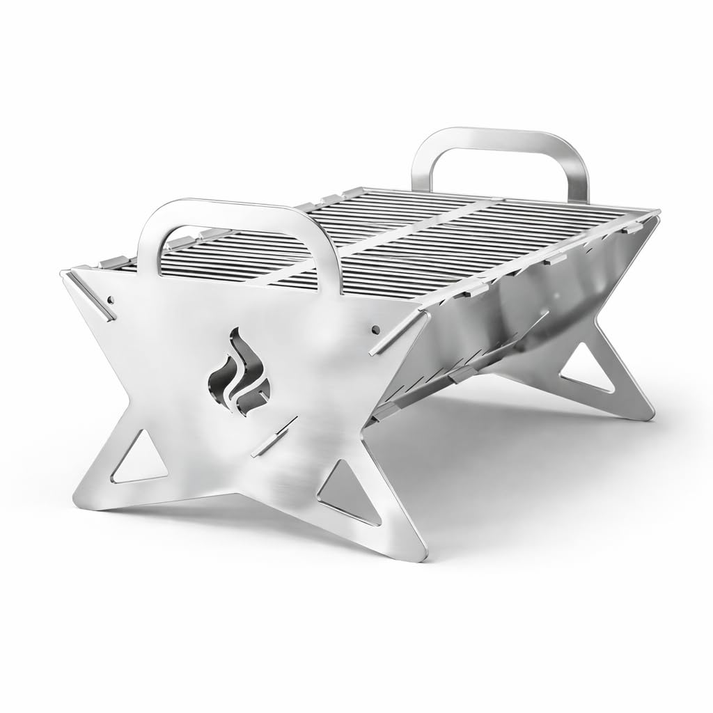 Składany grill kempingowy COMBO 3 mm – obudowa ze stali nierdzewnej + ruszt do grillowania INOX 1 mm – 505 × 296 mm – składany