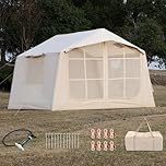 WaldZimmer 8sq Beige Inflatable Camping Tent with Hand Pump Easy Setup Waterproof Windproof Outdoor Blow up Tent 4-5 Person Oxford 4 Season Glamping Air Tents Cabin House with Mesh Windows & Door