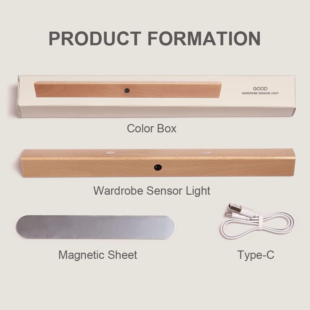 2pcs Under Cabinet Lights Wireless，Motion Sensor Closet Lights，Wooden Wireless USB Rechargeable Night Lights，Uniform Light for Wardrobe,Cabinet,Cupboard（Warm Light）