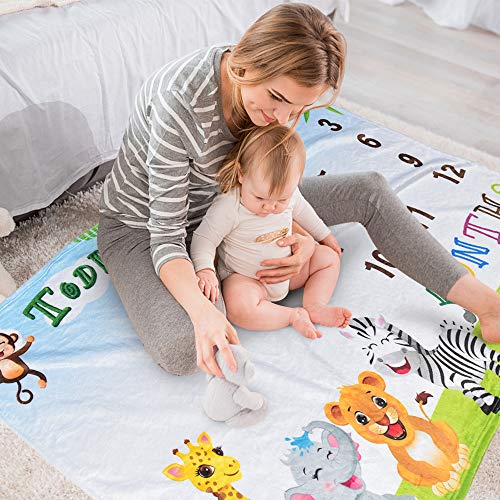 WERNNSAI Jungle Safari Milestone Deken - 150 × 100 cm Fleece Kwekerij Bed Deken Gedrukt Giraffe Aap Olifant Pasgeboren Baby Deken Fotografie Achtergrond Props - Afbeelding 5