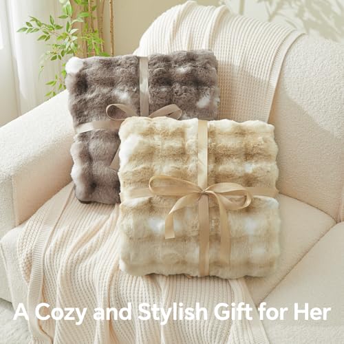 BEDELITE Faux Fur Throw Blanket for Couch, Decorative Tie-Dye Khaki Plush Bubble Blanket - Super Soft & Cozy Fluffy Faux Rabbit Fur Blanket for Women Gift, 50x60 Inches