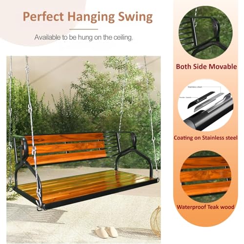 Image of Kaushalendra Hanging Swing for Indoor Outdoor Balcony, 91 cm Stainless Steel & Teak Wood, 300kg Capacity, Pre Assembled, Black Powder Coated, Includes Springs & Hooks