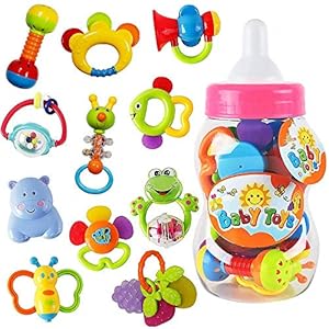 WISHTIME GRAP Baby Hand Development Rattle Toys for Newborn Infant with Giant Bottle Gift for 3 6 9 12 18Month-Pink