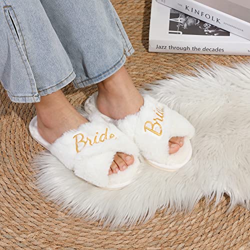Bride Slippers for Wedding Day White Fuzzy Slippers for Bachelorette Party Bridal Shower Gifts4