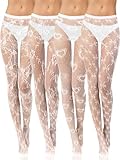 BOARDFEB 4 Pcs Lace Fishnet Tights, White Fishnets Leggings Tight Floral Pantyhose Stockings Fishnet Thigh High Stockings Waist Tights for Women Girls Halloween