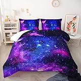 Nttopship Violet Starry Sky Comforter Set - Twin Size, Kids Bedding Set with Galaxy Comforter and 2 Pillowcases