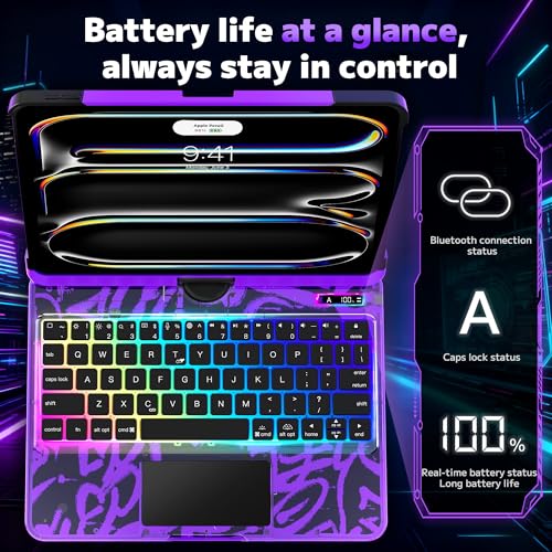 Image of Clear Keyboard Case for iPad Air 11 inch (M3 /M2, 2025 /2024), Air 5th /4th & Pro 11 inch 2022-2018, 360 Swivel with Wireless Bluetooth Multi-Touch Trackpad, 7-Color Backlit, Pencil Holder Purple
