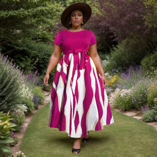Image of Hostoyo Women Plus Size Formal A Line Maxi Dress Self Tie Waist with Pockets Elegant Round Neck Swing Long Dresses