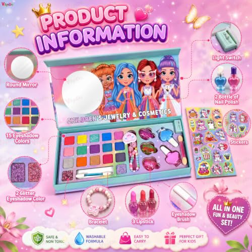 Image of VikriDA Kids Washable Makeup Kit, Fold Out Makeup Palette with Mirror, Make Up Toy Cosmetic Kit Gifts for Girls - Safety Tested- Non Toxic