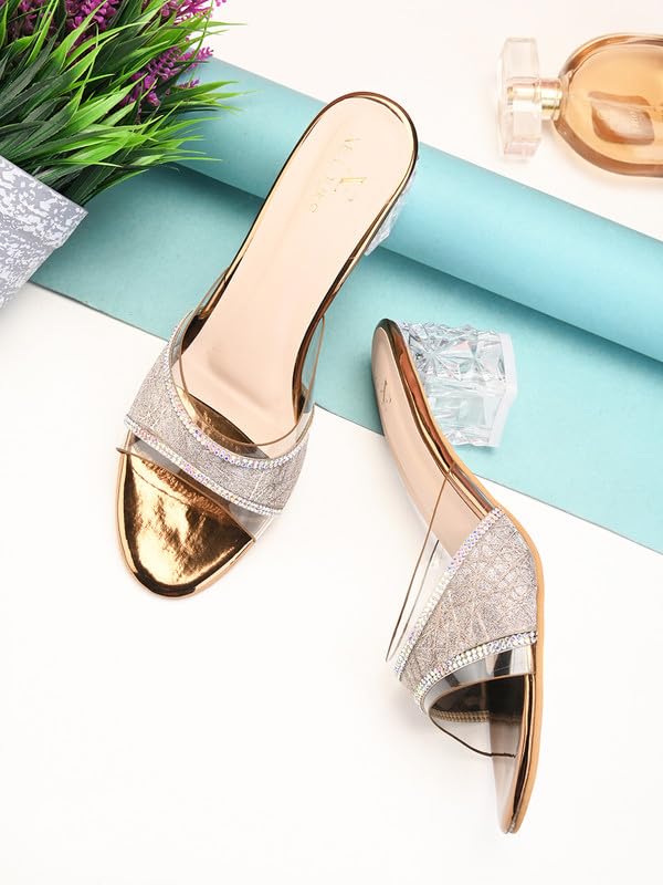 XE Looks Women's Copper Block Heel Sandals | Stylish Transparent Crystal Heels with Glitter Finish Upper | Comfortable Cushioned Footbed | Slip-On Design Heel Sandals For Girls & Women