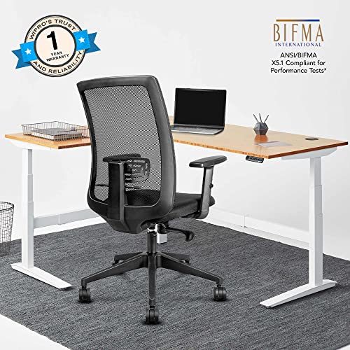 Image of Wipro Breathe Mid Back Mesh Ergonomic Home & Office Chair (Black) with Adjustable armerst, Nylon Base and Nylon Castors, BIFMA Compliant