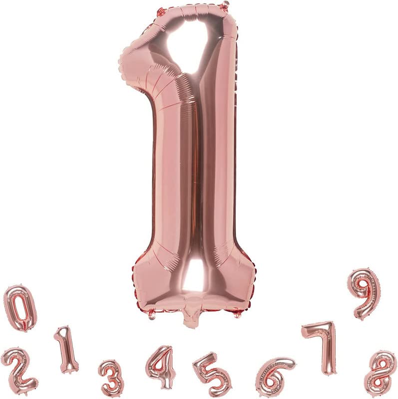 Image of Bubblebells Rose Gold 32 Inches 1 Numbers Shape Large Big Foil Helium Balloons for Party Decorations in Happy Birthday Anniversary Office Items Materials Set Pack