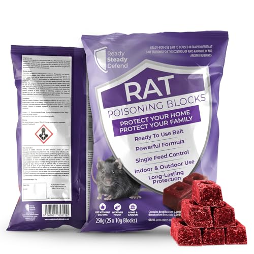Rat Bait Blocks 250g (25 x 10g Blocks) - Ready to Use Bait, Powerful Formula with Brodifacoum for Long-Lasting Protection, Indoor & Outdoor Use, Single Feed Control, Ideal for Home and Garden
