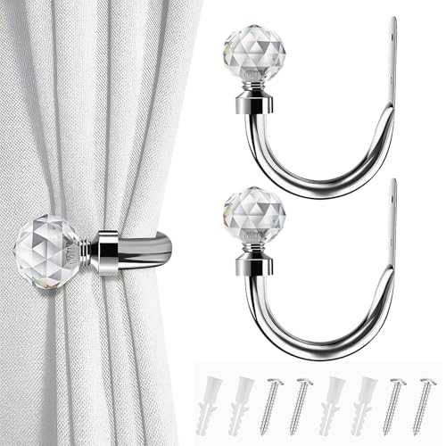 2 PCS Curtain Holdbacks, U Form Crystal Ball Decorative Curtain Tie Backs Hooks, Tie Backs for Curtains for Living Room & Bedroom Drapes Hold (Silver)