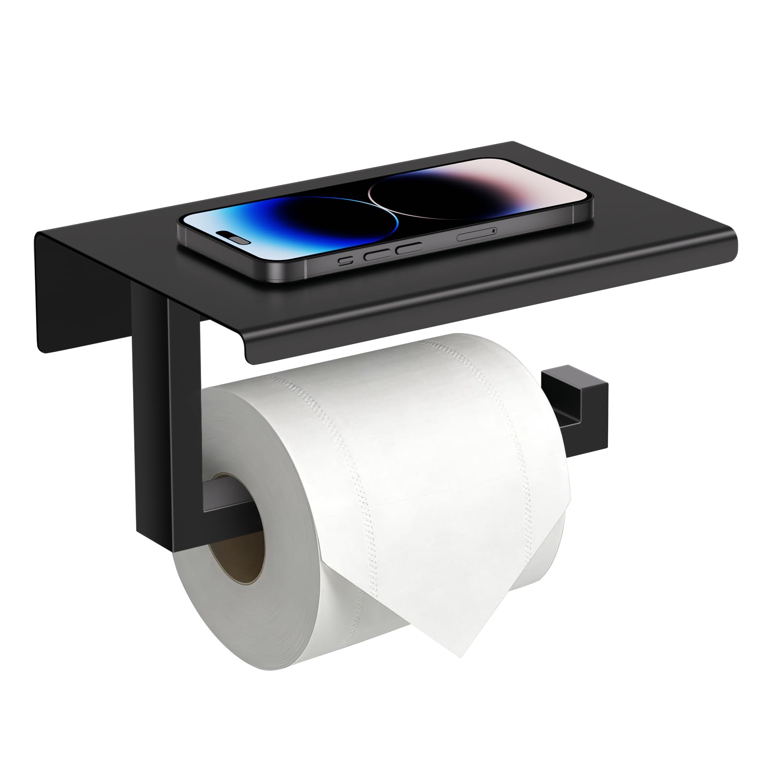 YACVCL Bathroom Toilet Paper Holder with Phone Shelf, Matte Black Toilet Roll Holder Screw-in Wall Mounted, SUS304 Stainless Steel Modern Tissue Roll Holders for Bathroom Kitchen Washroom ﻿
