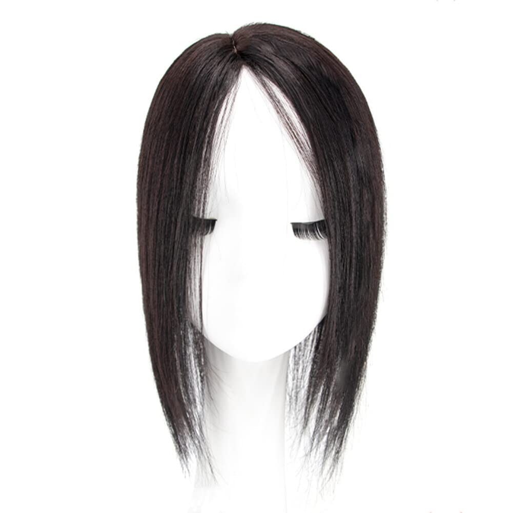 Straight Silk Base Human Hair Topper One Piece Side Part Forehead Closure With Clips (30cm/Left Part Dark Brown)