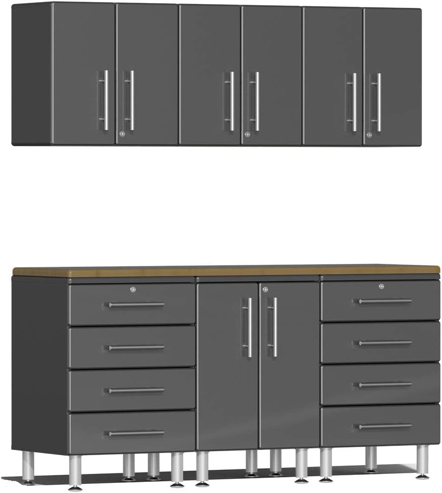 Ulti-MATE UG22072G 7-Piece Garage Cabinet Kit with Bamboo Worktop in Graphite Grey Metallic
