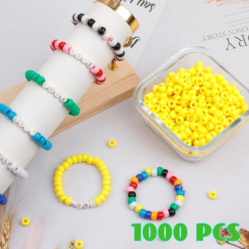 Image of Auvoua 1000Pcs Pony Beads Bracelet 9mm Yellow Plastic Barrel Pony Beads for Necklace,Hair Beads for Braids,Key Chain,Jewelry Making (Yellow)