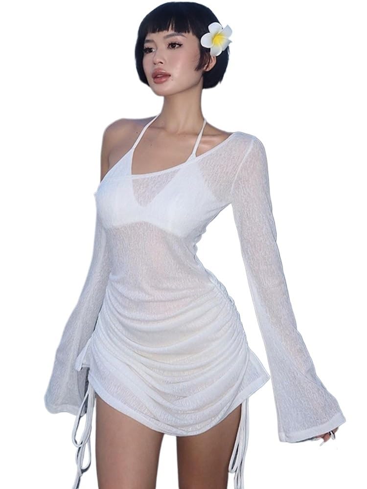 Copricostume Donna Abito Bianco Copricostume con Spalle Scoperte, Manica Lunga, Coulisse, Mini Abito Increspato e Trasparente Copricostume Donna Mare(M)