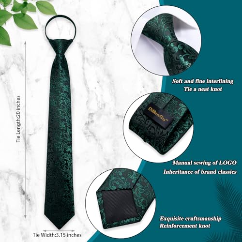 Image of DiBanGu Mens Zipper Tie Silk Pre-Tied Necktie with Gift Box | Jacquard Woven,Paisley Solid Plaid Pattern,6PCS with Pocket Square,Cufflinks and Lapel Pin,for Wedding Party Formal Business