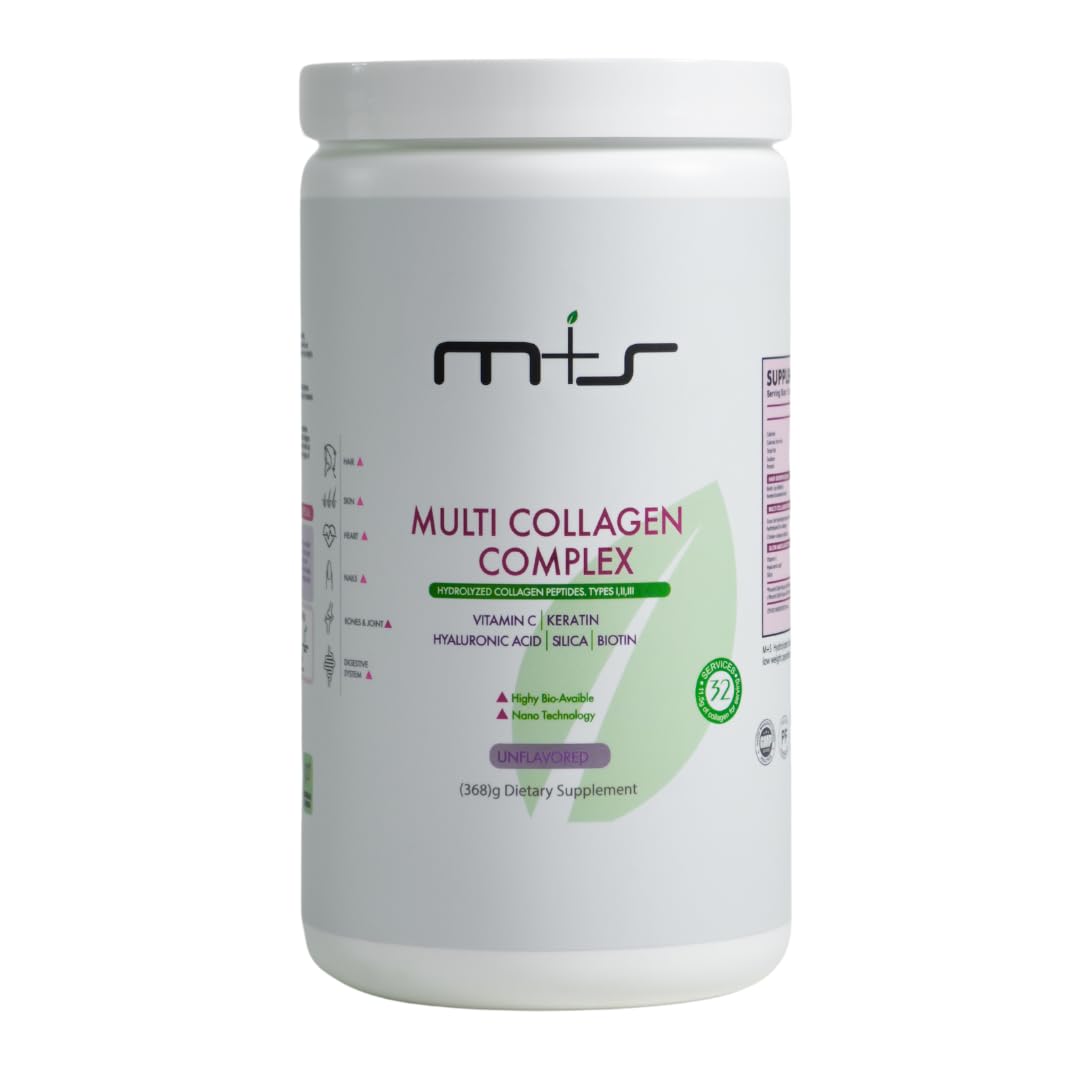 M+S Multi Collagen Complex – Hydrolyzed Collagen peptides, Types I, II, III for Skin, Hair, Nails and Joints – with Vitamin C, Hyaluronic Acid, Keratin, Biotin and Silica (Unflavored)