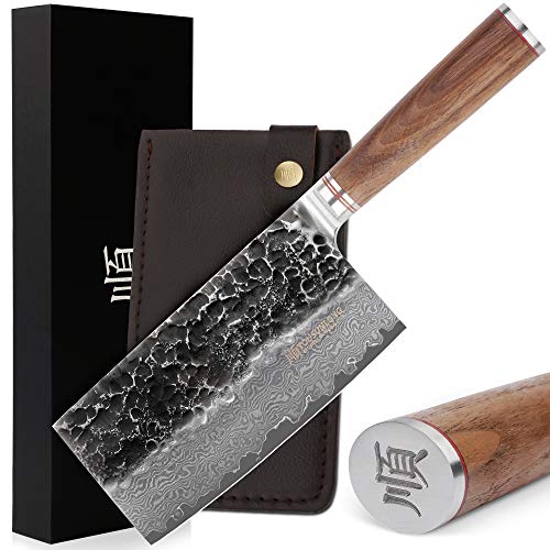 YOUSUNLONG Meat Cleaver 7 inch Vegetable Cleaver Japanese Hammer Damascus Steel - Natural Walnut Wooden Handle with Leather Sheath