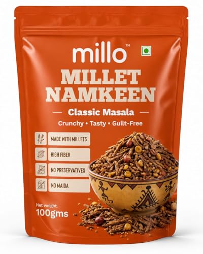 Image of Millo Millet Namkeen Classic Masala 100g | Healthy Millet Snack | High Fiber Crunchy Mix | No Maida, No Preservatives | Multigrain Namkeen | Guilt-Free Indian Snack (Pack of 1)