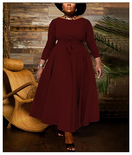 Image of Hostoyo Women Plus Size Formal A Line Maxi Dress Self Tie Waist with Pockets Elegant Round Neck Swing Long Dresses