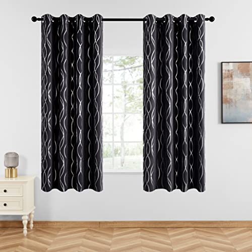 Topfinel 100% Blackout Curtains 63 Inch Length For Living Room, Thermal Insulated Double Layer Silver Foil Wave Printed Grommet Drapes (52 X 63 Inch, Black, 2 Panels) #TOP1